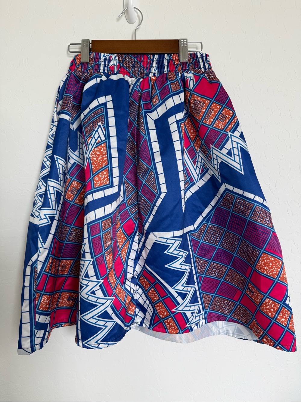 Bold Geometric Print Skirt in Blue, white & Pink 2 Pockets